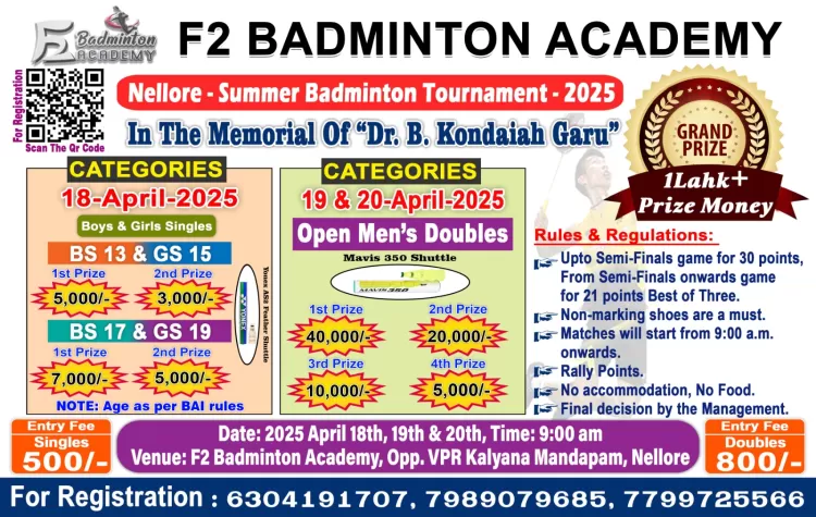 F2 Badminton Summer Tournament 2025 In Nellore